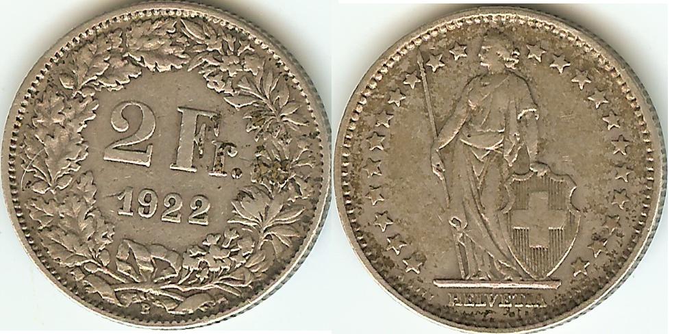 Swiss 2 Francs 1922 gVF